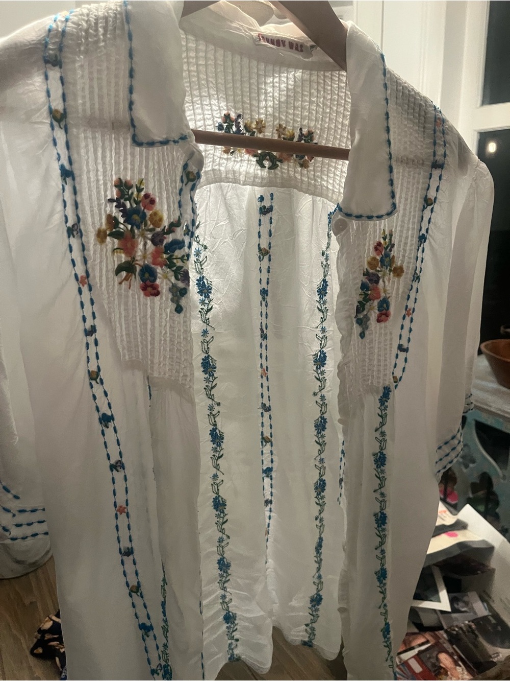 Johnny Was White Embroidered Sheer Blouse with Blue Floral Accents